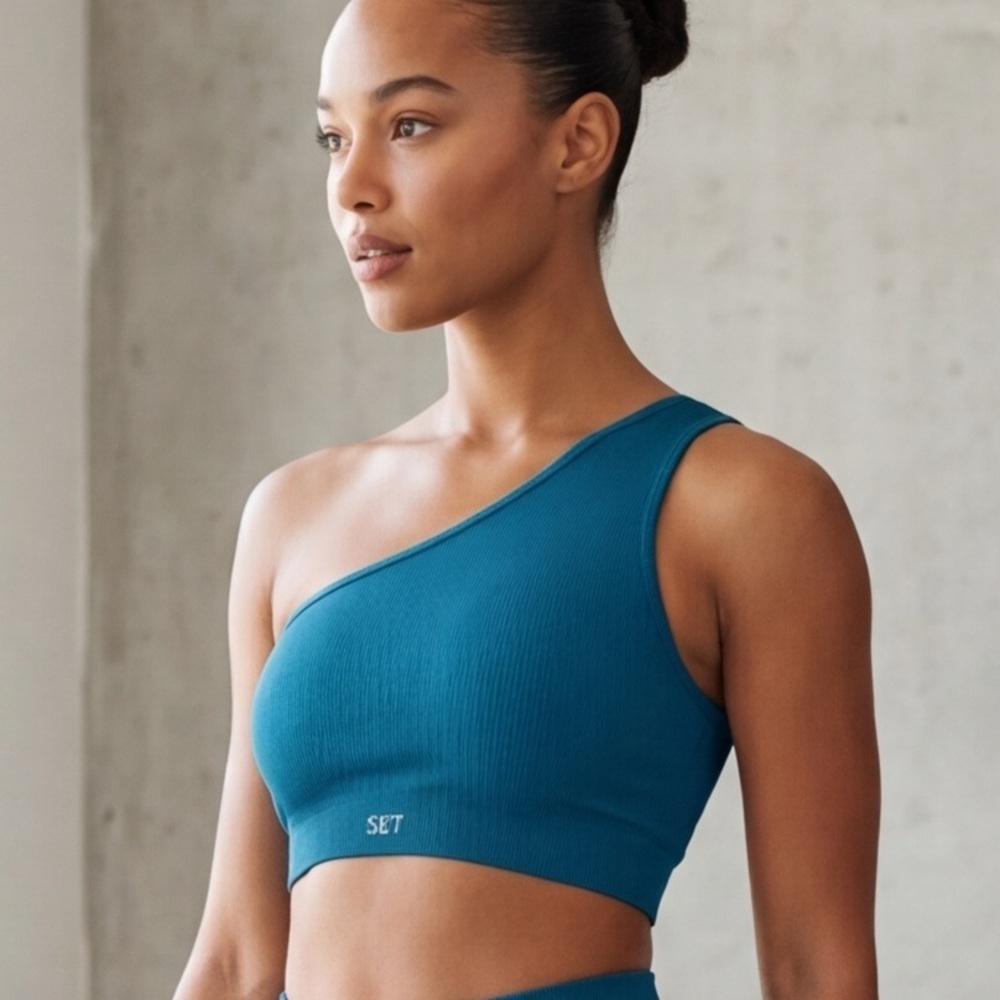 SET ACTIVE Sculptflex One-Shoulder Crop Teal Top (538)